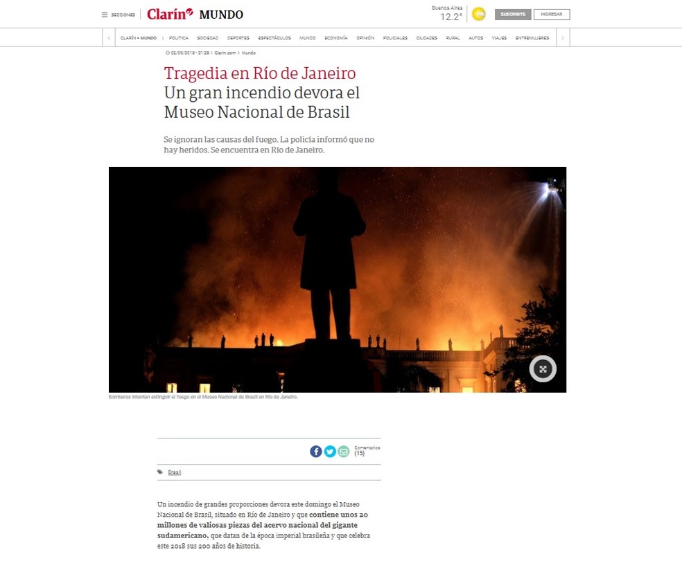 Jornal argentino Clarín dá destaque para falas do diretor-adjunto do Museu Nacional. (Foto: Reprodução/ Clarín)