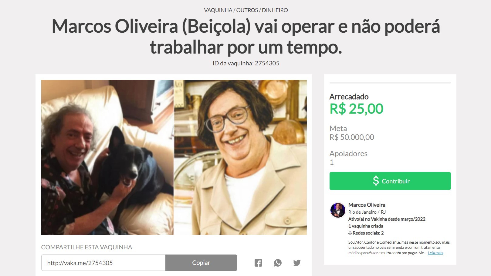 Marcos Oliveira, o Beiçola, de ‘A Grande Família’ faz vaquinha virtual para pagar contas (Foto: reprodução/Vakinha Virtual)