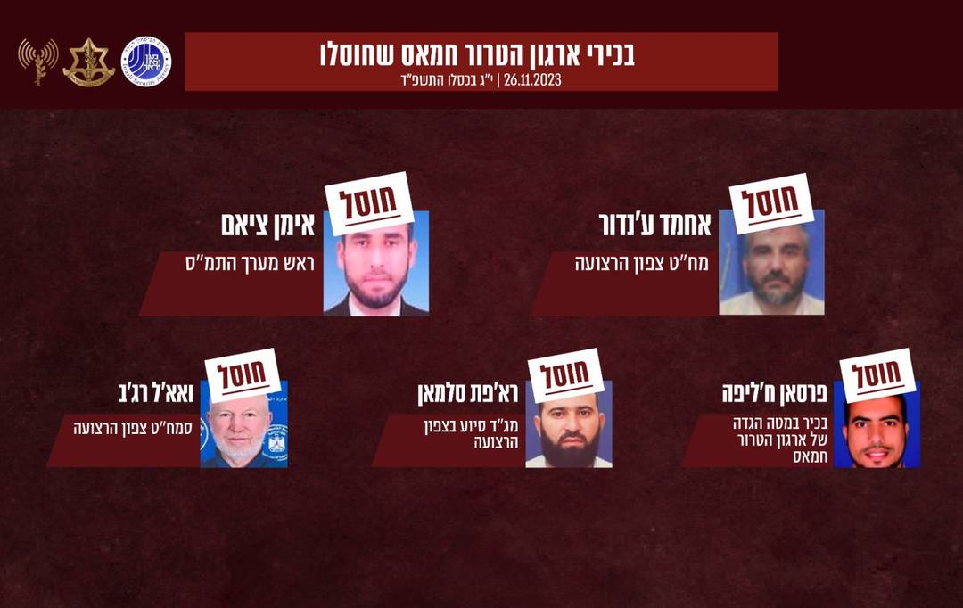 Comandantes do Hamas mortos em combate, incluindo Ahmad Al Ghandour (segundo da primeira linha), comandante do grupo terrorista no Norte de Gaza.