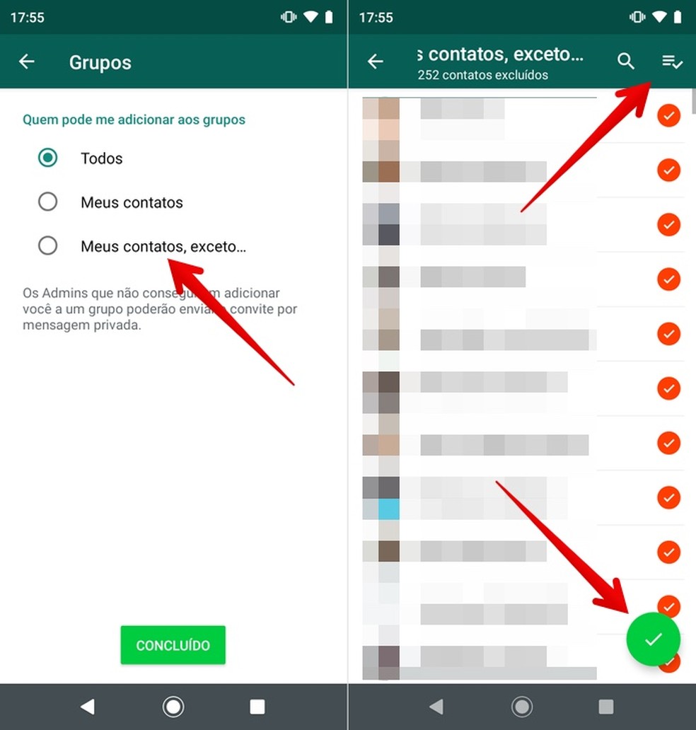 Adicionando exceções para grupos no WhatsApp  — Foto: Reprodução/Helito Beggiora