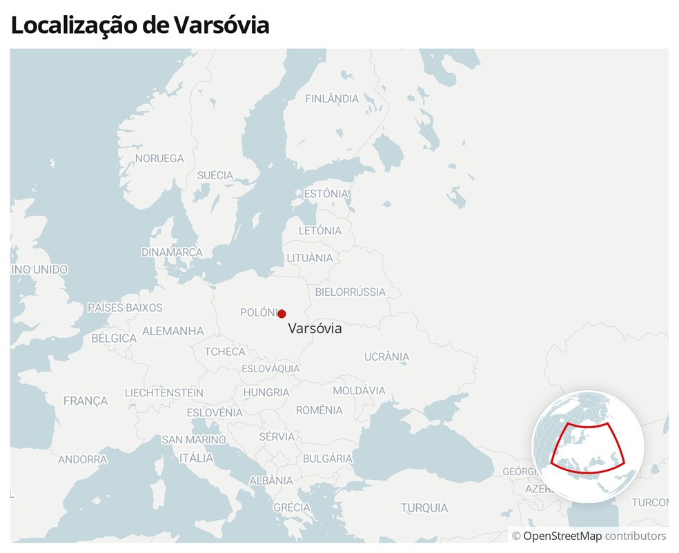 Mapa mostra a localização da Polônia — Foto:  G1