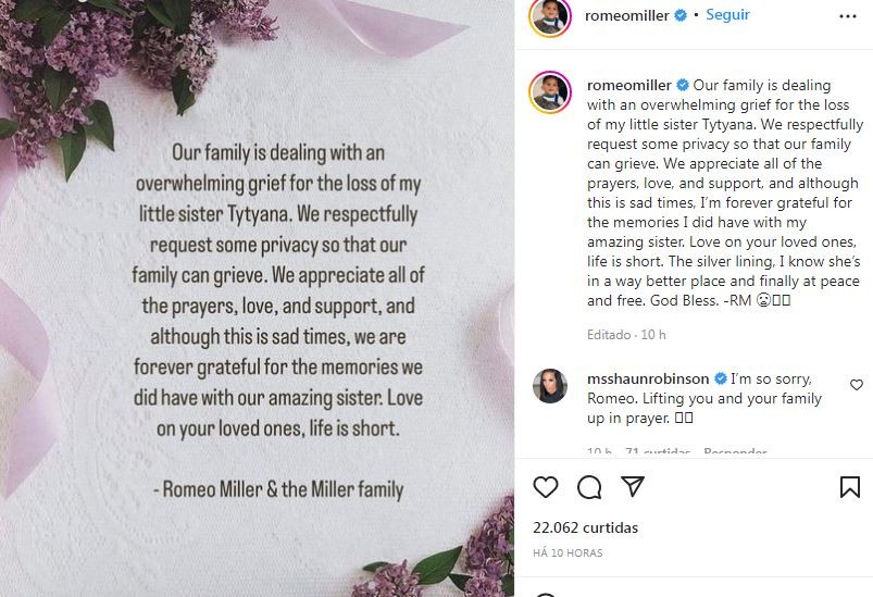 Romeo Miller fala sobre a morte da irmã mais nova, Tytyana Miller (Foto: Reprodução / Instagram)