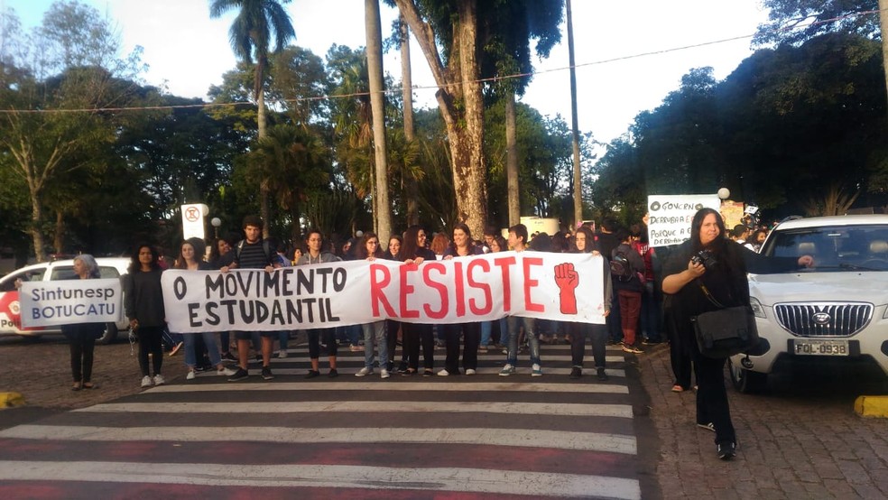Protesto em Botucatu reuniu estudantes com faixas — Foto: Rosana Bicudo da Silva/Arquivo pessoal