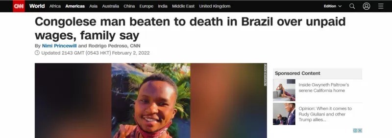 Congolês é espancado até a morte no Brasil por causa de salário, diz CNN (Foto: REPRODUÇÃO/BBC)