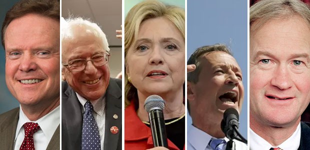 Pré-candidatos democratas Webb, Sanders, Hillary, O´Malley e Chafee (Foto: AP, AFP e Wikimedia Commons)