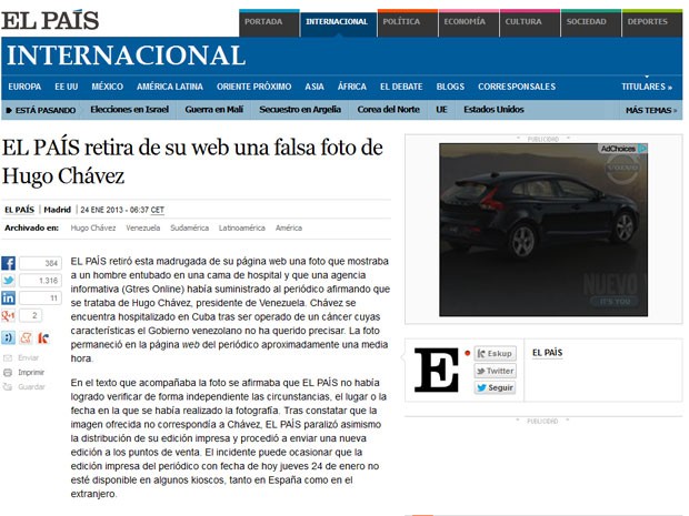 Diário espanhol El País explica episódio em um comunicado na versão online do jornal (Foto: Reprodução)