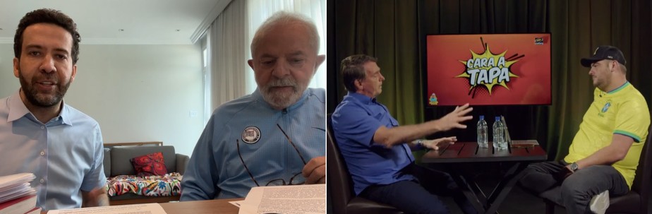 Janones em live com Lula, enquanto Bolsonaro participava de podcast com o jornalista Rica Perrone