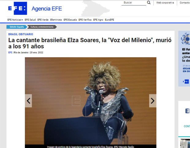 Morte de Elza Soares repercute na Agência EFE (Foto: Reprodução)