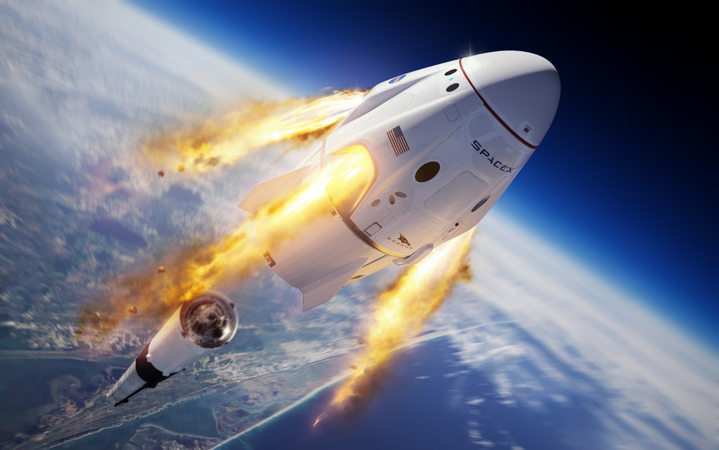Ilustração divulgada pela SpaceX mostra a cápsula Crew Dragon e o foguete Falcon 9 após lançamento  — Foto: SpaceX/Divulgação via AP