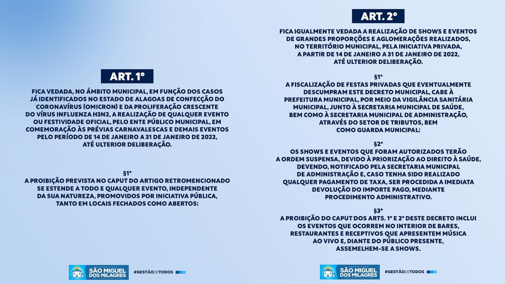 Prefeitura de São Miguel dos Milagres decreta proibição de eventos e festas até o fim de janeiro — Foto: Divulgação/Prefeitura de São Miguel dos Milagres