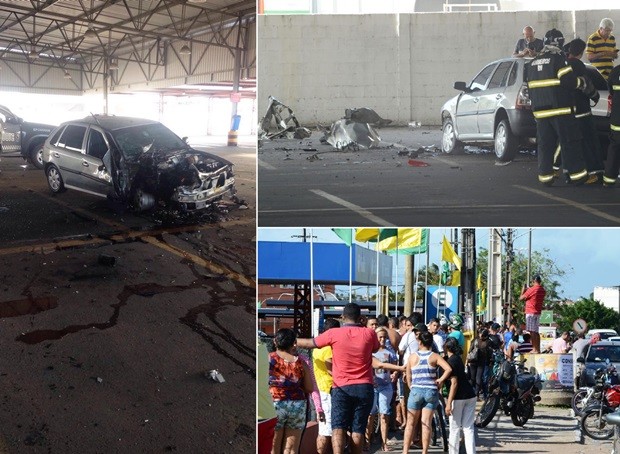 Veículo ficou parcialmente destruído com a força da explosão (Foto: PM/Divulgação e Júnior Santos/Divulgação)