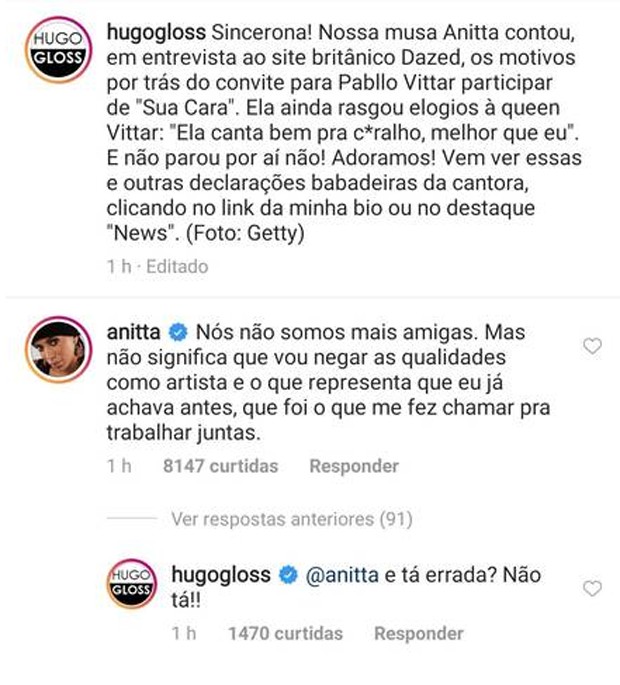 Anitta responde a Hugo Gloss sobre seu elogio a Pabllo Vittar (Foto: Reprodução Instagram)