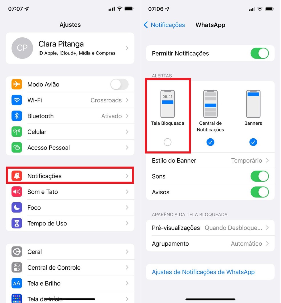 Removendo as notificações do WhatsApp da tela de bloqueio do iPhone (iOS) — Foto: Reprodução/Clara Fabro