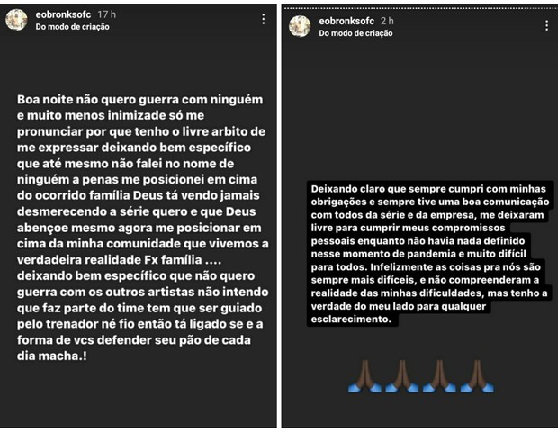 Bronks usa rede social para se manifestar sobre saída de Sintonia e diz não querer guerra (Foto: Reprodução/Instagram)