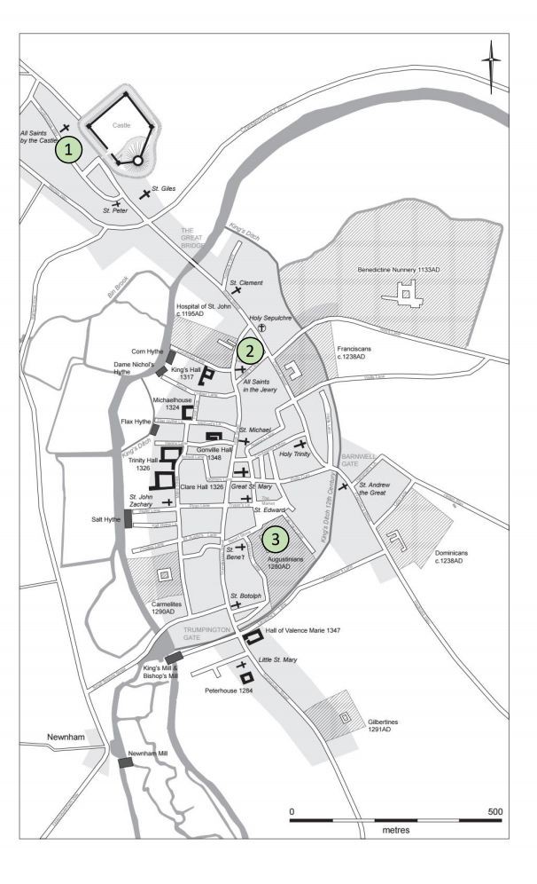 Mapa de Cambridge em 1350 indicando a localização de: (1) cemitério paroquial, (2) hospital e (3) convento agostiniano. (Foto: Cambridge Archaeological Unit/St John's College)