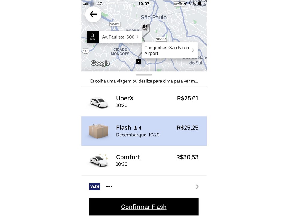 Opção Uber Flash pode ser selecionada no menu de viagens principal — Foto: Reprodução/Rodrigo Fernandes