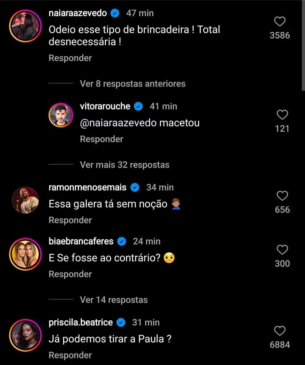 Famosos criticam atitude de Paula no BBB 23 &mdash; Foto: Reprodu&ccedil;&atilde;o/Instagram