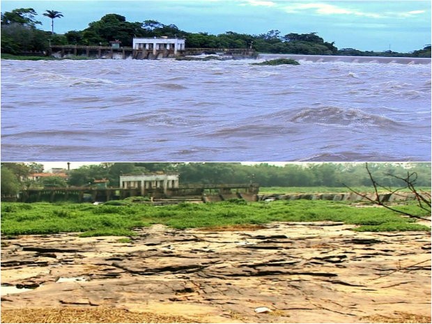 Paisagem da Cachoeira de Emas antes e depois das chuvas (Foto: Reprodução/EPTV)