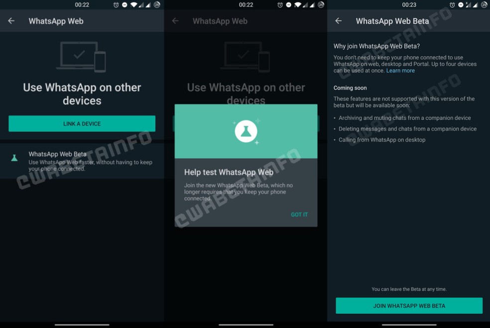 Pistas do Beta do WhatsApp Web surgem em nova versão experimental para Android — Foto: Reprodução/WABetaInfo