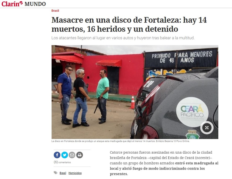 Argentino Clarín destacou assassinatos em festa na capital cearense (Foto: Reprodução/Clarín)