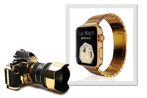 Bling, bling: máquina Nikon banhada a ouro e Apple Watch cravejado de brilhantes (por US$ 58 e US$ 110 mil, sem taxas,  respectivamente) no Moda Operandi