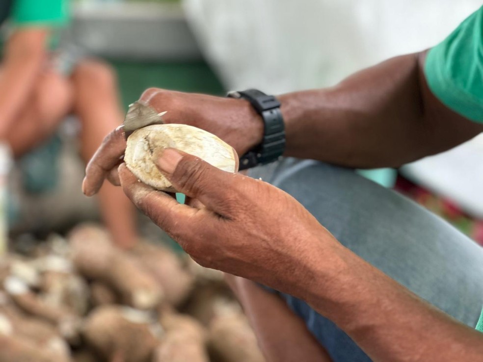Feirante descasca mandioca em feira de Maceió — Foto: Nick Marone/TV Gazeta
