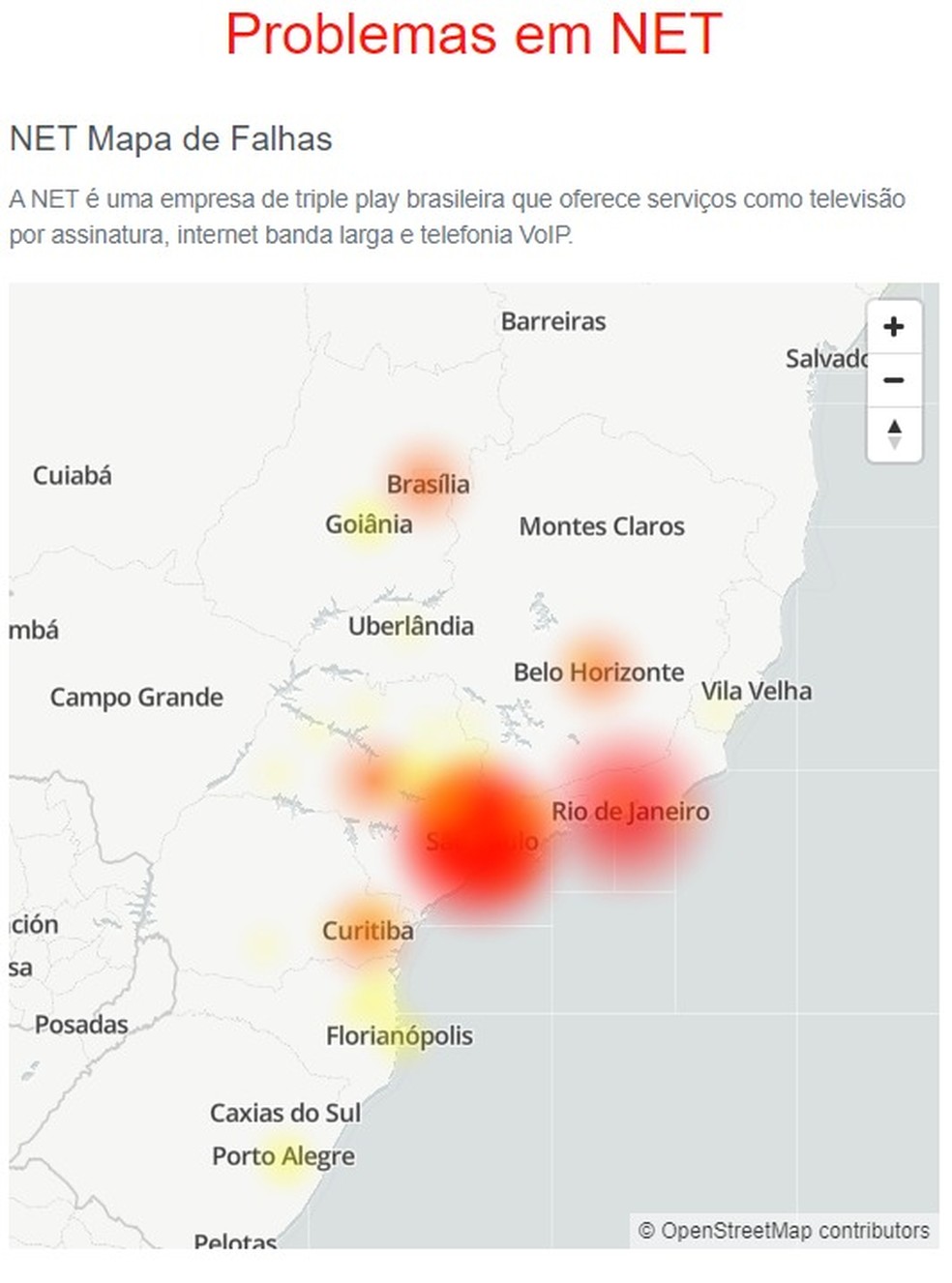 Mapa do site DownDetector mostra onde houve reclamações sobre a internet da Claro NET — Foto: Reprodução