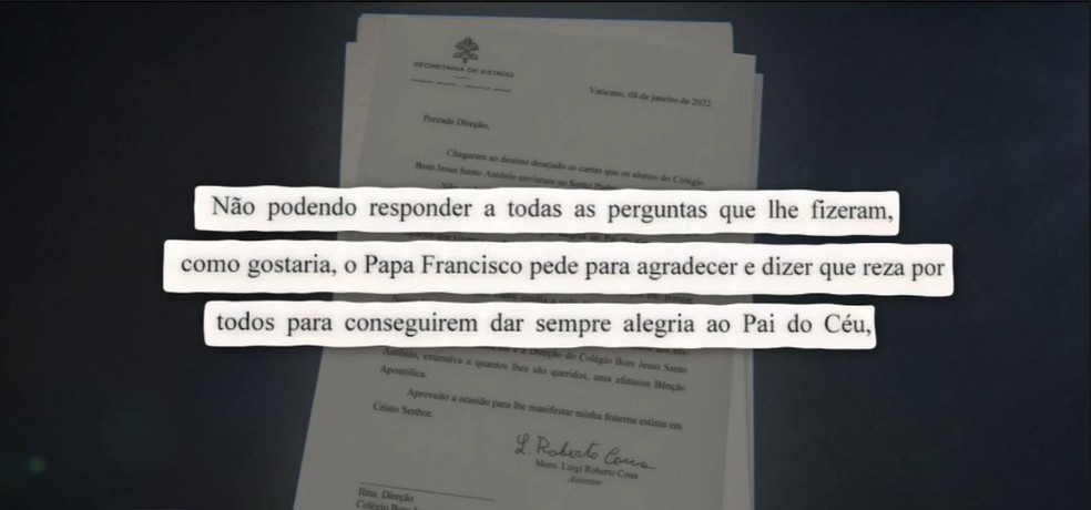 Carta de resposta do Papa Francisco a crianças de Blumenau — Foto: Reprodução/NSC TV