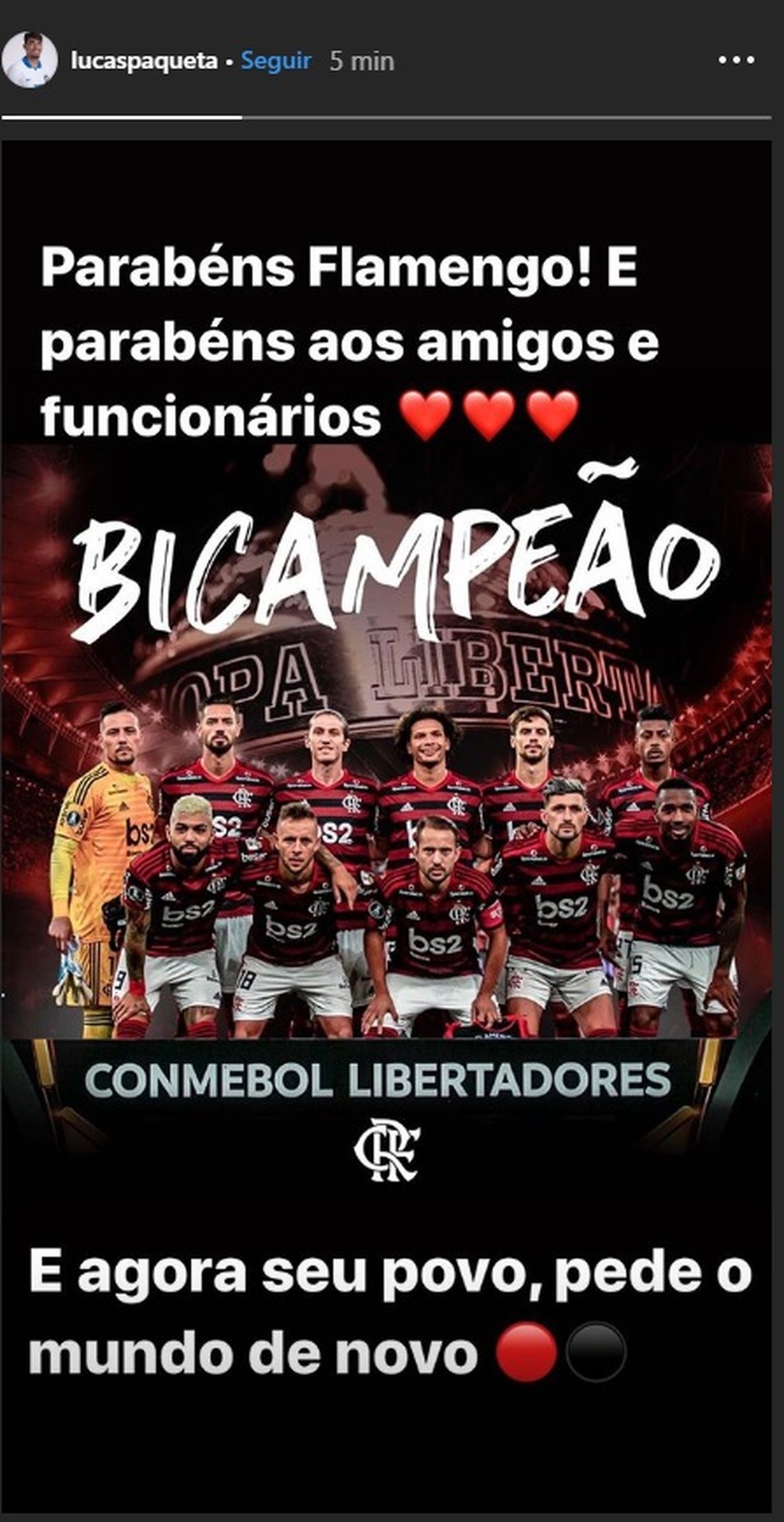O post de Lucas Paquetá no Instagram — Foto: Reprodução/Instagram