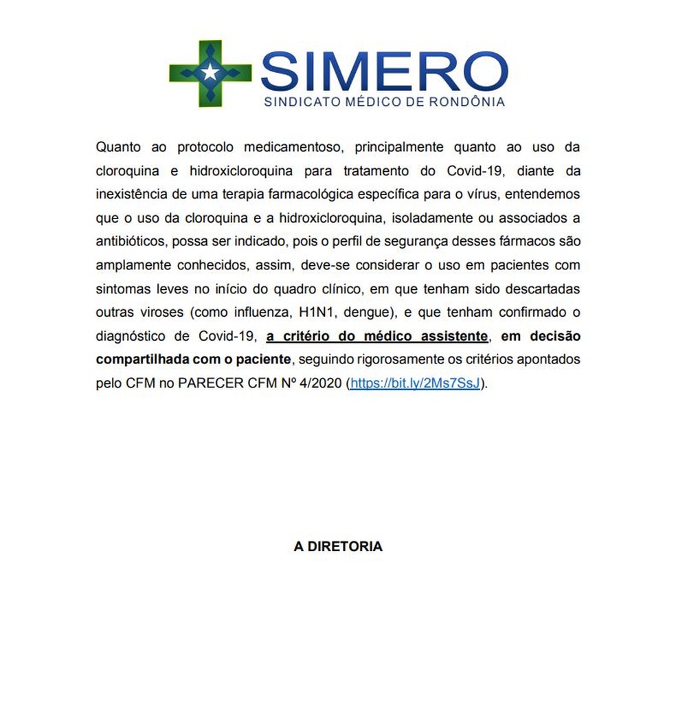 Simero critica em nota gestão da crise do coronavírus no estado — Foto: Reprodução