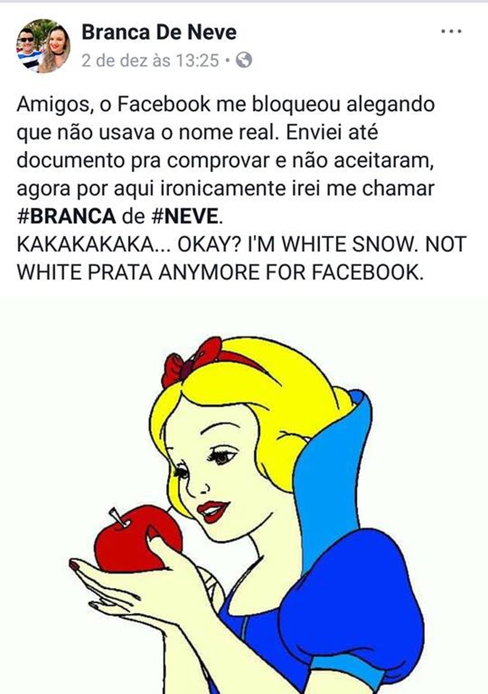 White fez postagem de protesto após ter conta bloqueada  (Foto: Facebook/Reprodução)