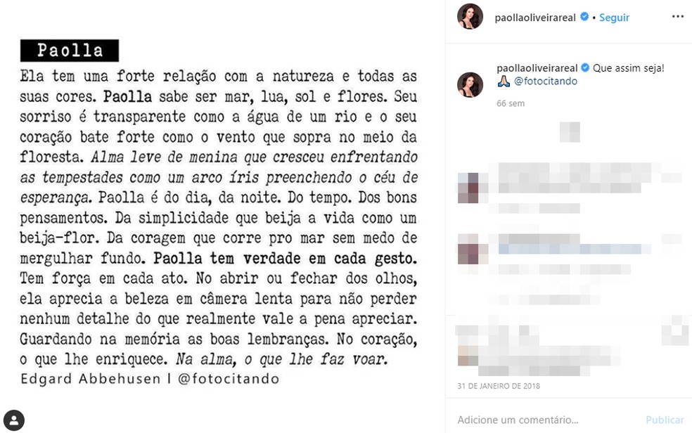 Atriz Paolla Oliveira também postou texto do escritor baiano Edgard Abbehusen  — Foto: Reprodução/Instagram