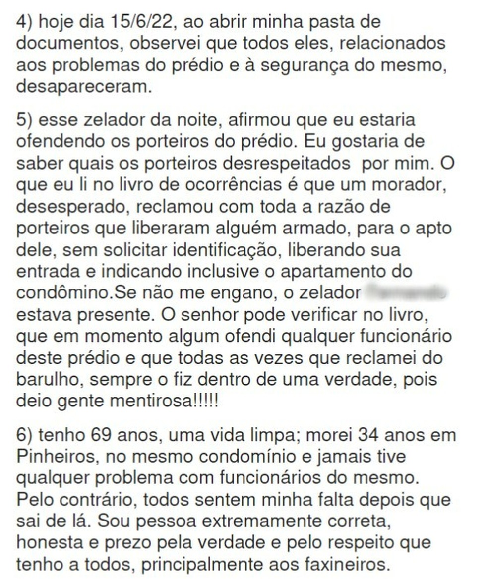 Continuação do texto encaminhado pela vizinha de Eddy ao síndico — Foto: Reprodução