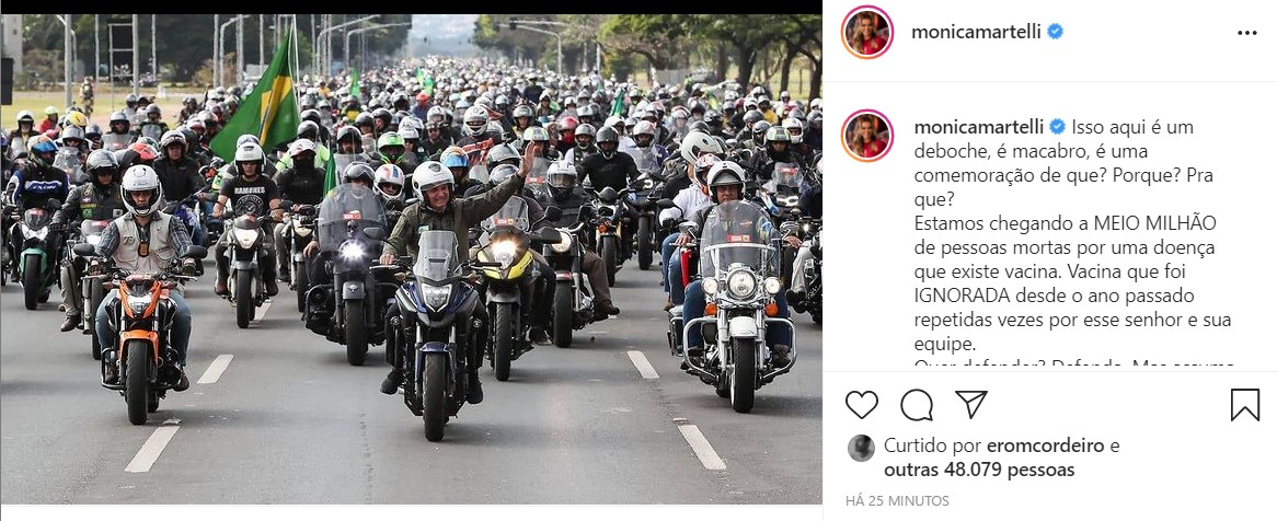 Mônica Martelli critica passeata de moto de Bolsonaro no Rio (Foto: Reprodução/Instagram)