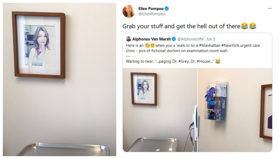 O tuíte da atriz Ellen Pompeo recomendando que o fã de Greys Anatomy fugisse da clínica com um quadro de sua personagem na série (Foto: Twitter)