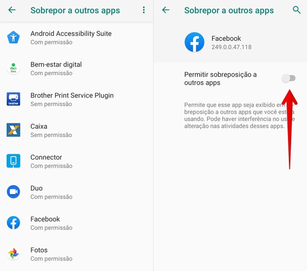 Desativando sobreposição de apps — Foto: Reprodução/Helito Beggiora