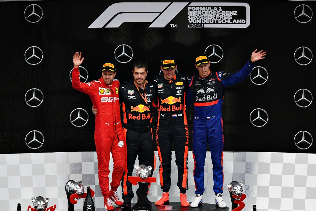 Vettel, Verstappen e Kvyat no pÃ³dio em Hockenheim â Foto: Getty Images