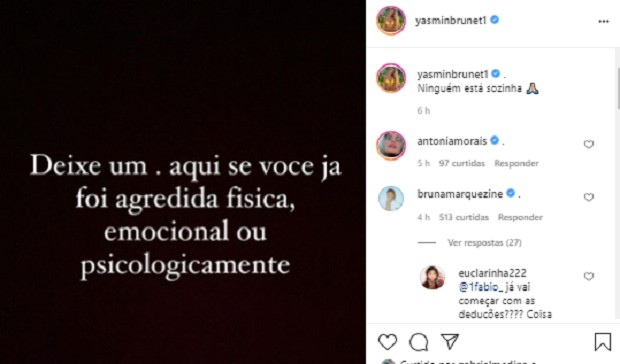 Bruna Marquezine deixa comentário em post de Yasmin Brunet (Foto: Reprodução/Instagram)