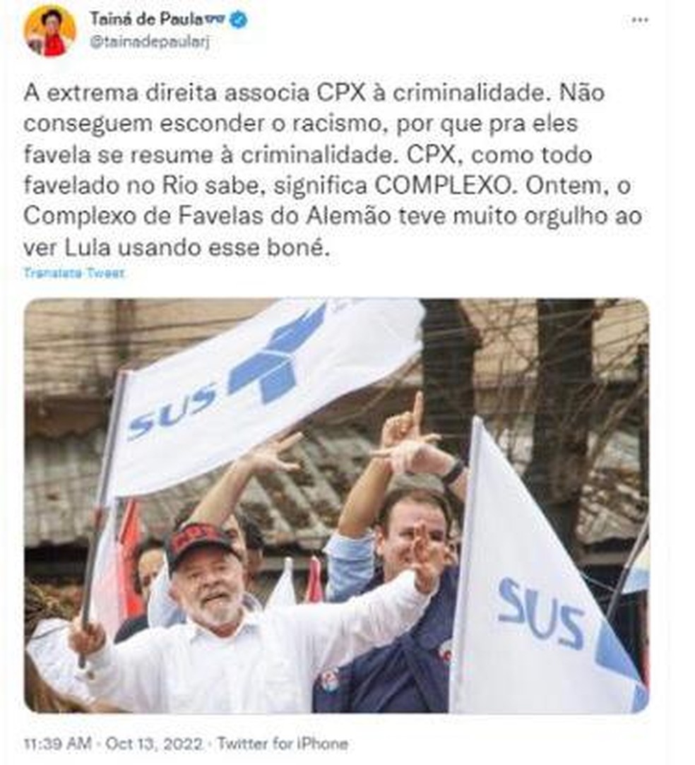 Post de Tainá de Paula sobre a deturpação do significado do CPX no boné usado por Lula, em campanha no Alemão — Foto: Reprodução/Redes sociais