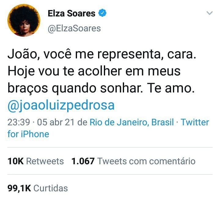 Elza Soares manifesta apoio a João Luiz após Jogo da Discórdia (Foto: Reprodução/Instagram)