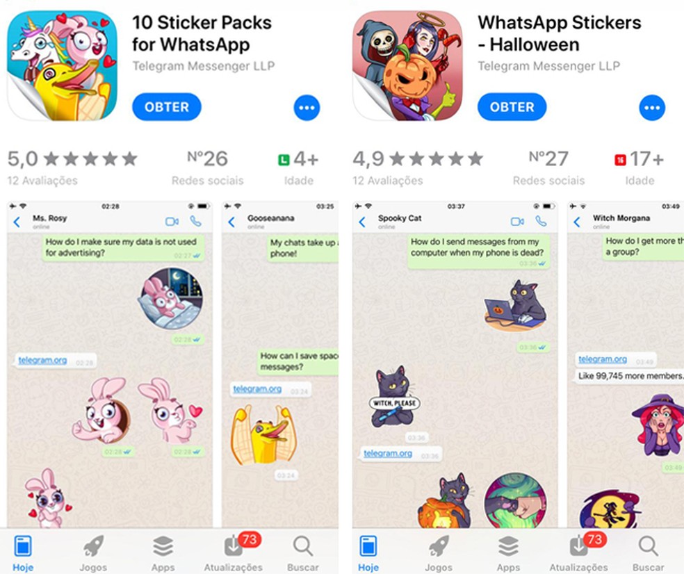 Busque pelas figurinhas do Telegram para WhatsApp na App Store — Foto: Reprodução/Eduardo Manhães