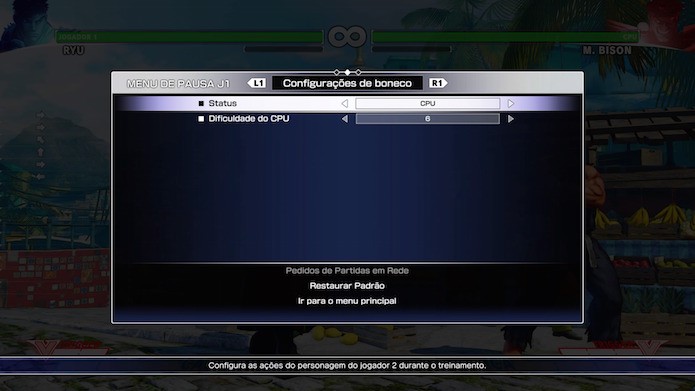 Street Fighter 5: ajuste a dificuldade da CPU no modo treinamento (Foto: Reprodução/Victor Teixeira)
