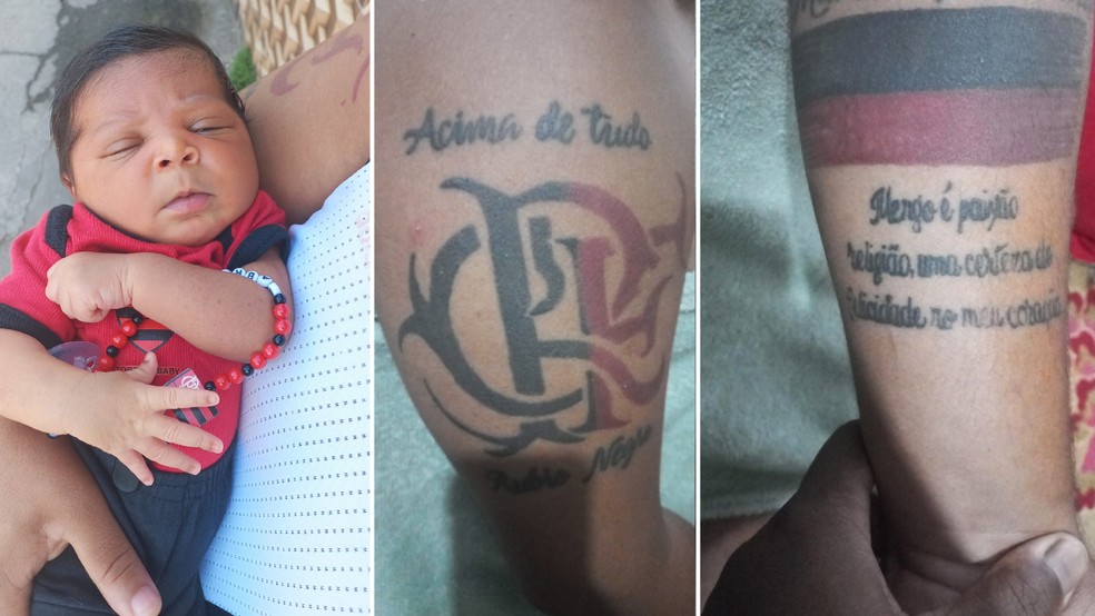 Gabriel Henrique no colo do pai, que tem v&aacute;rias tatuagens em homenagem ao Flamengo &mdash; Foto: Arquivo pessoal