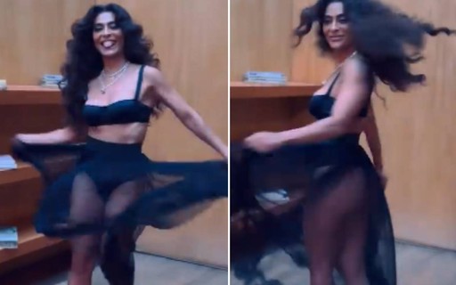 Juliana Paes dança muito em bastidores de ensaio com saia transparente