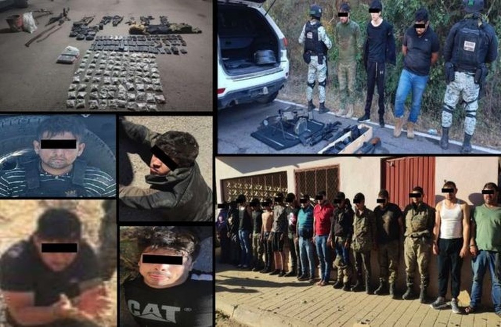 O governo compartilhou imagens das armas e drogas apreendidas na operação junto com o grupo de detidos. — Foto: SEDENA
