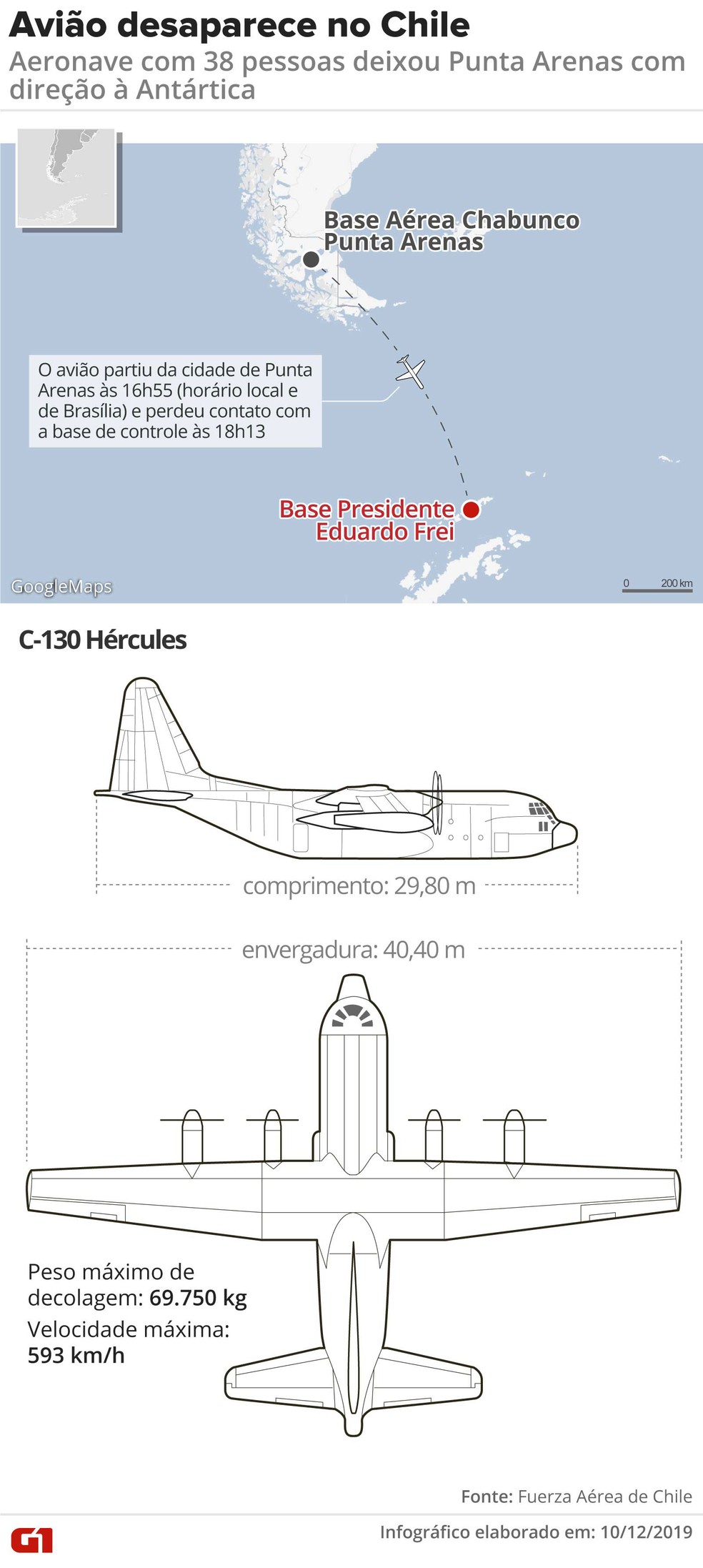 Avião da Força Aérea do Chile desapareceu na segunda-feira enquanto seguia para a Antártica  — Foto: Rodrigo Sanches/ G1