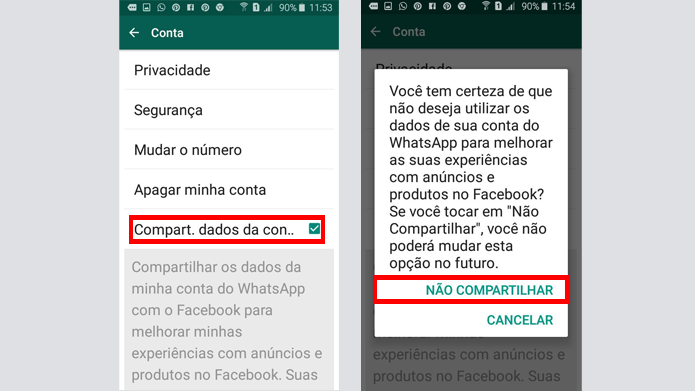 Opção do WhatsApp impede que Facebook acesse dados (Foto: Reprodução/WhatsApp)