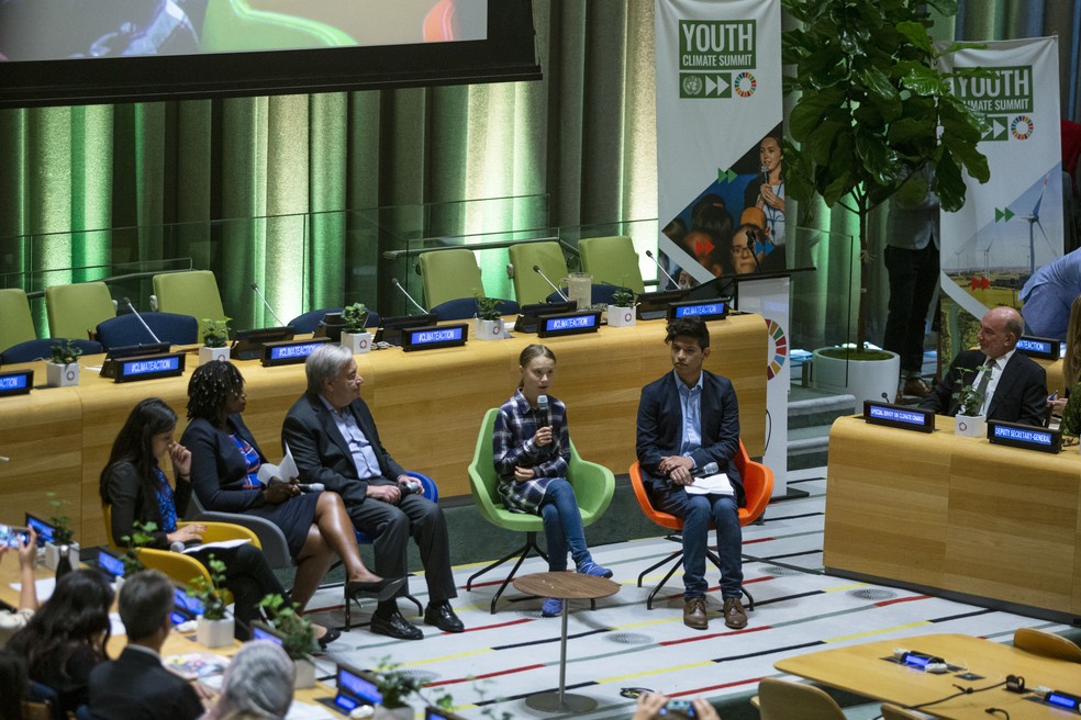 Debate que marcou a abertura da Cúpula do Clima da ONU em Nova York — Foto: Eduardo Munoz Alvarez/AP