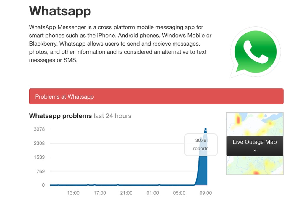 WhatsApp está fora do ar para alguns usuários no BRasil e em outros países — Foto: Divulgação/Downdetector