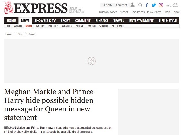 A chamada do Daily Express para a matéria acusando a suposta alfinetada do Príncipe Harry e da atriz Meghan Markle na realeza (Foto: Reprodução)